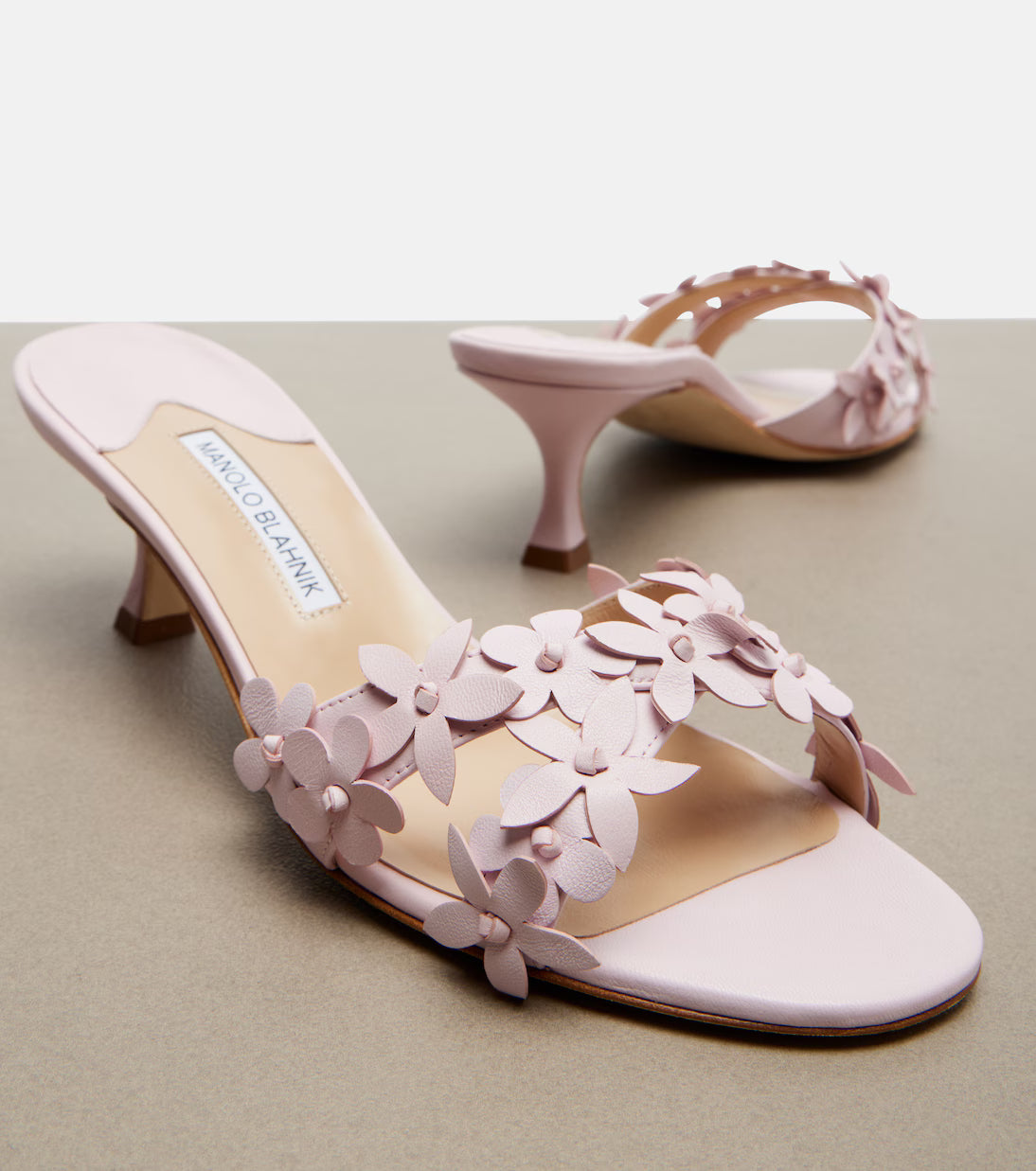 Manolo Blahnik Anista Floral-Appliqué Leather Mules In Pink