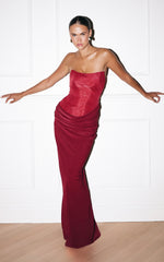 Contrast Corset Bodice Draped Dress in Wine