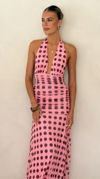 Kya Maxi Dress - Pink / Brown Polka