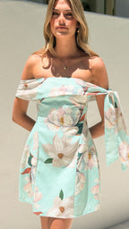 Halen Off Shoulder Mini Dress - Aqua/White Floral