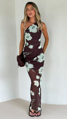 Cataleya Sheer Maxi Dress - Mocha Blossom