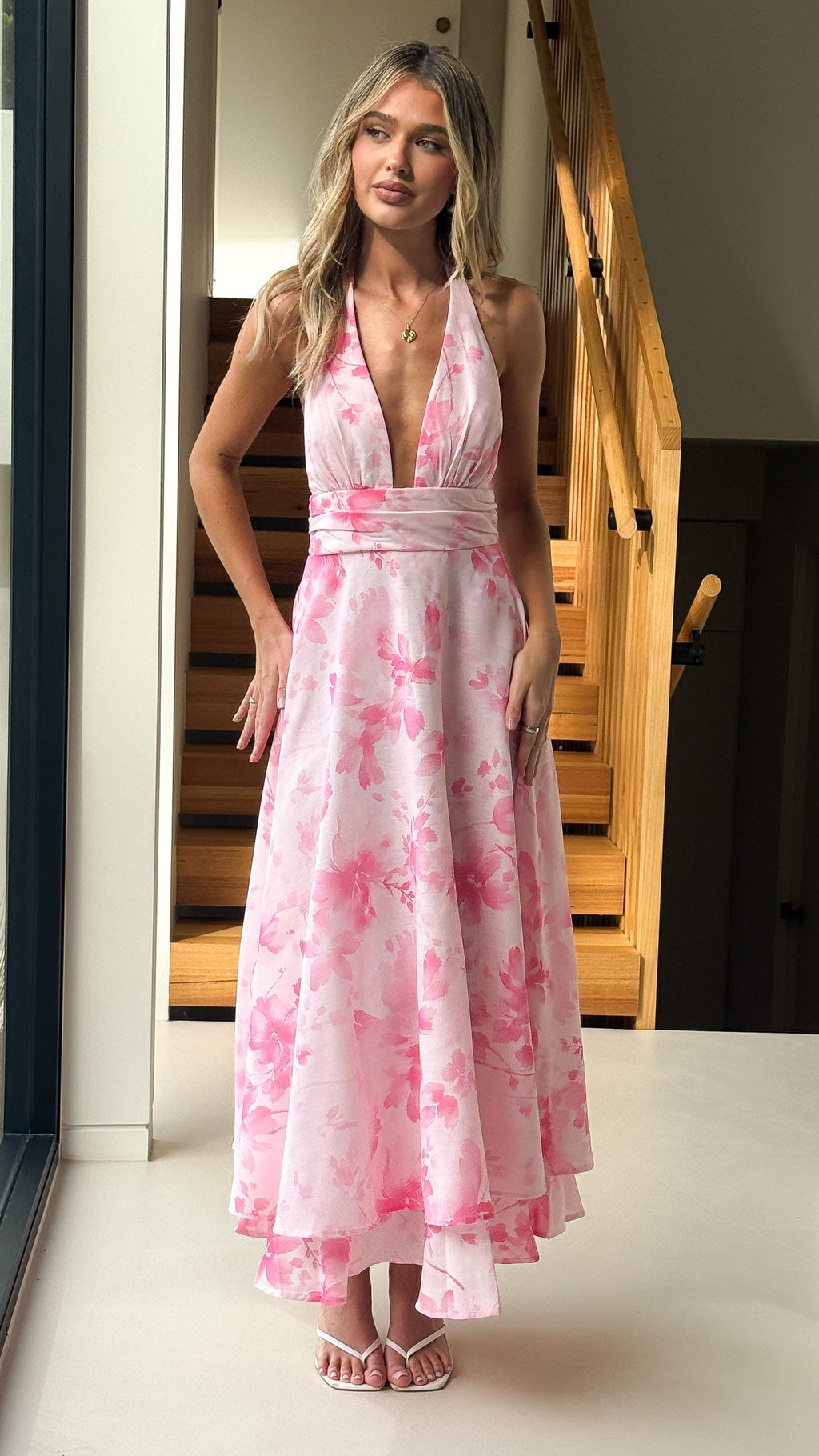 Kathy Halter Neck Maxi Dress - Pink Floral