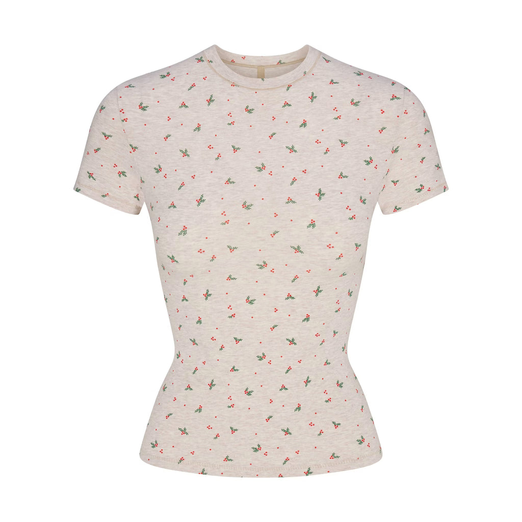 Cotton Jersey T-Shirt - Oatmeal Heather Holly Print