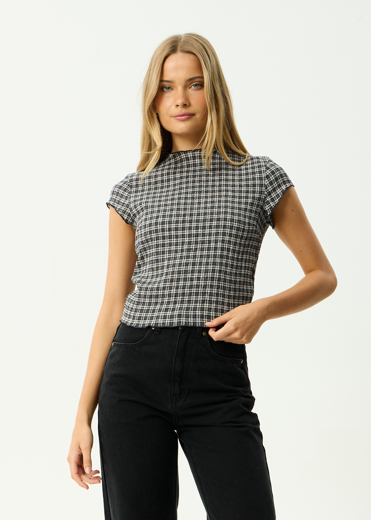 AFENDS Womens Wren - Seersucker Top - Steel Check