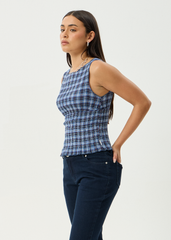 AFENDS Womens Mountains - Seersucker Sleeveless Top - Navy Red Check