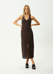 AFENDS Womens Andy - Seersucker Halter Maxi Dress - Coffee