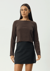 AFENDS Womens Focus - Seersucker Long Sleeve Top - Coffee