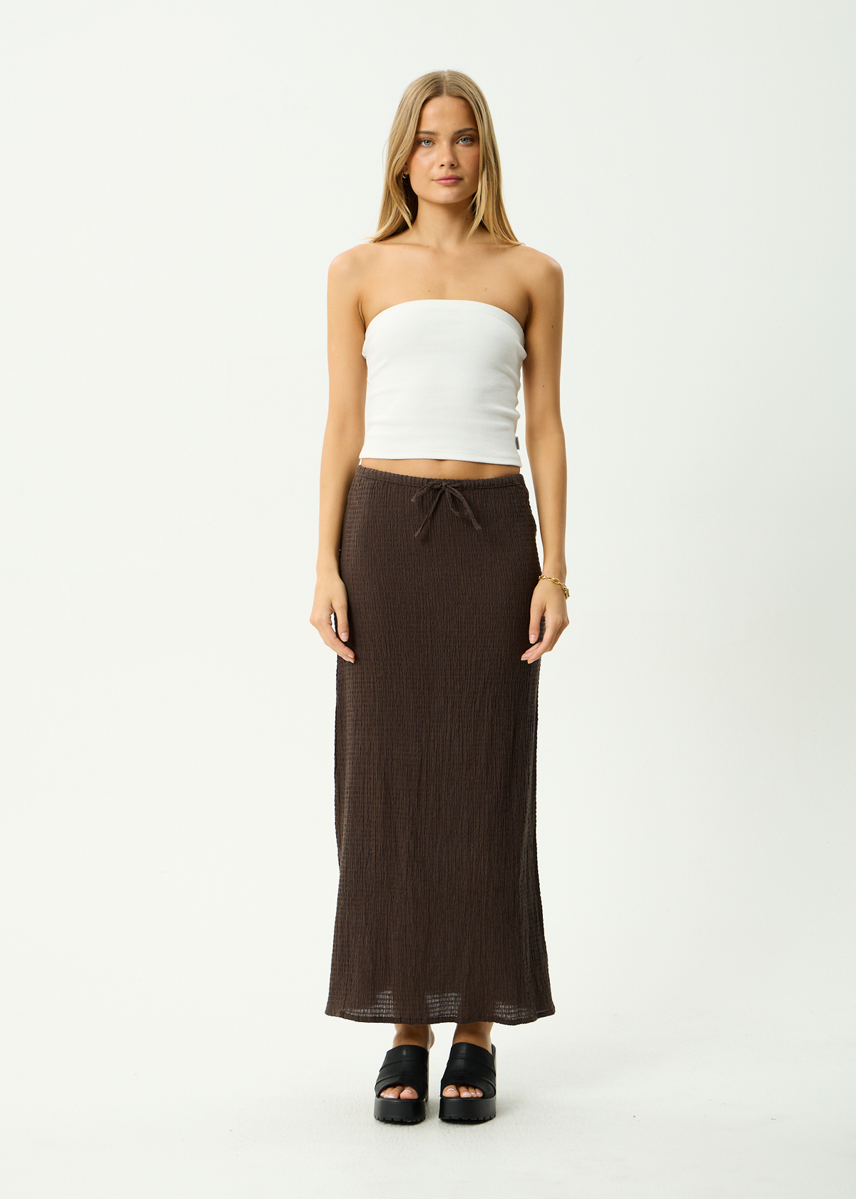 AFENDS Womens Frida - Seersucker Maxi Skirt - Coffee