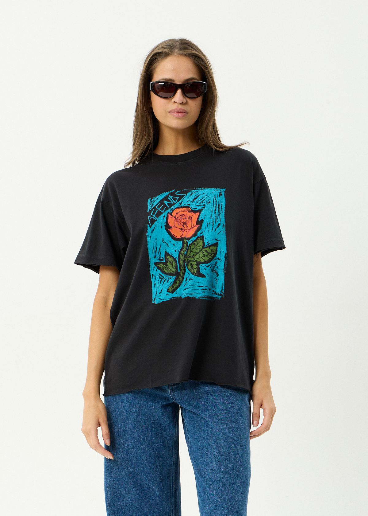 AFENDS Womens Single N Thorny - Oversized Tee - Stone Black