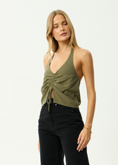 AFENDS Womens Halle - Linen Ruched Top - Deep Olive