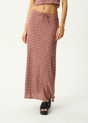 AFENDS Womens Frida - Seersucker Maxi Skirt - Capricorn Burgundy / Beige Check