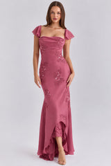 Arabella Rose Pink Satin Embellished Maxi Gown - Limited Edition