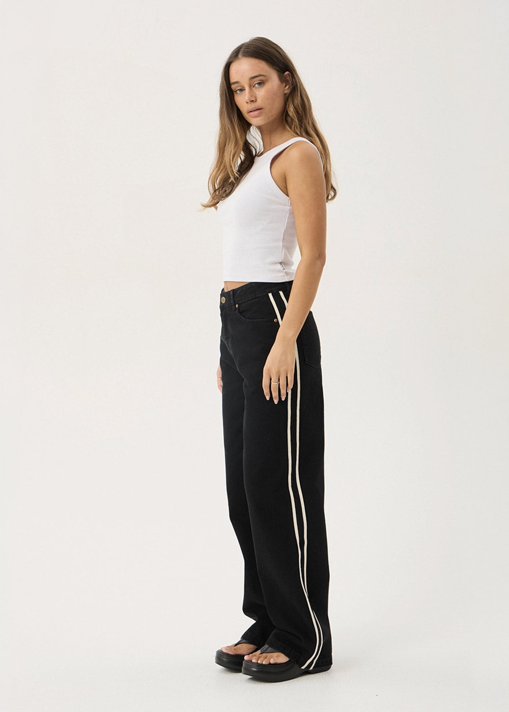 AFENDS Womens Bella Stripe - Denim Wide Leg Jean - Washed Black