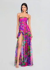 Nicole Silk Chiffon Dress in Tropical Leaf