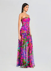 Nicole Silk Chiffon Dress in Tropical Leaf