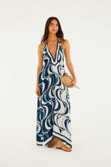 Blue Plunging Neck Maxi Dress