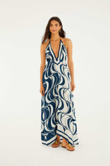 Blue Plunging Neck Maxi Dress