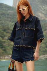 Dark Denim Wavy Hem Short Sleeve Shirt