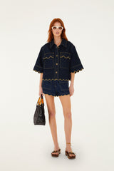 Dark Denim Wavy Hem Short Sleeve Shirt