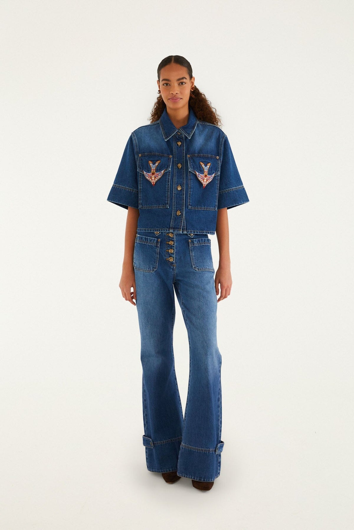 Denim Porcelain Birds Pockets Flare Pants