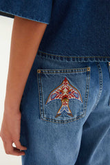 Denim Porcelain Birds Pockets Flare Pants