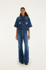 Denim Porcelain Birds Pockets Flare Pants