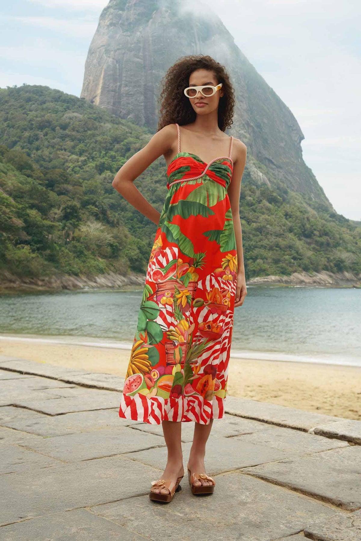 Red Fruit Trolley Sweetheart Neck Maxi Dress