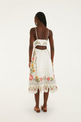 Off-White Flower Embroidery Asymetric Hem Midi Dress