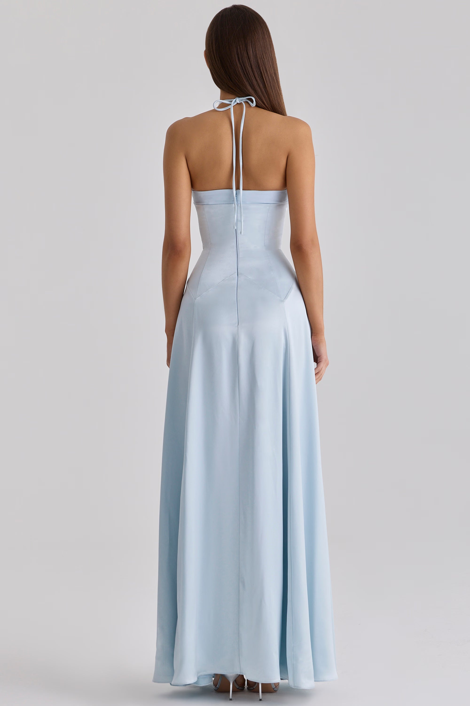 Blue Satin Halter Neck Godet Maxi Dress