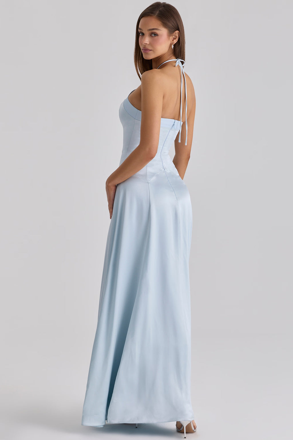 Blue Satin Halter Neck Godet Maxi Dress