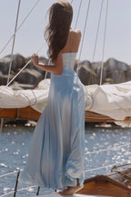 Blue Satin Halter Neck Godet Maxi Dress
