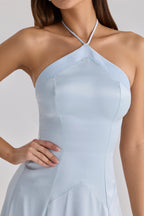 Blue Satin Halter Neck Godet Maxi Dress