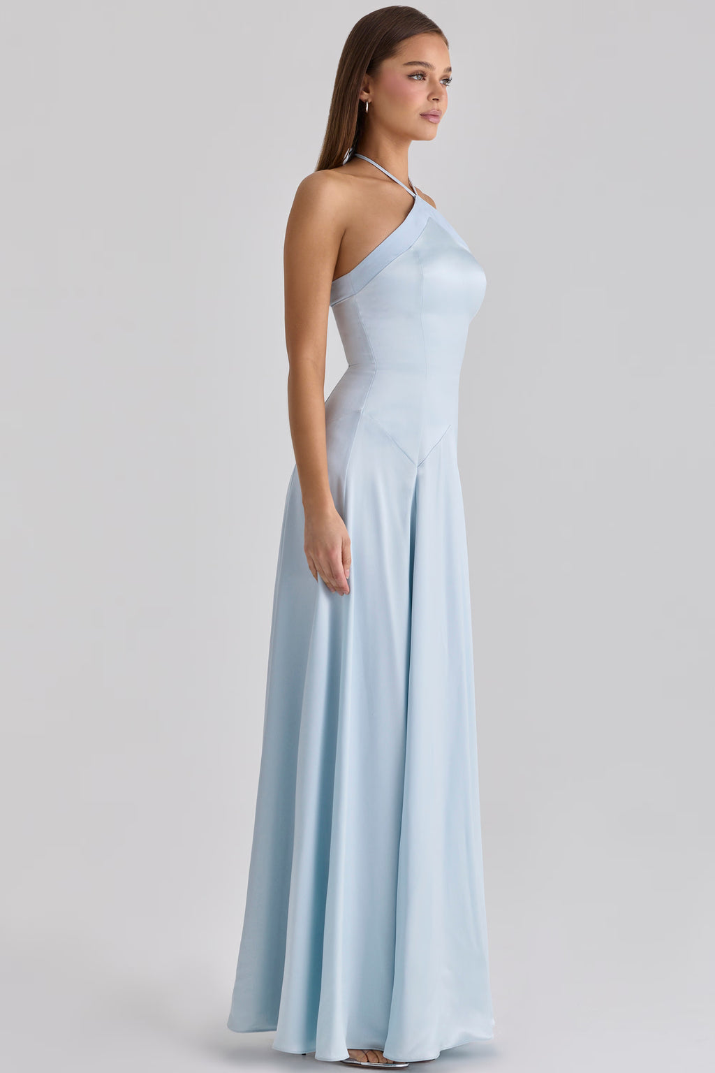 Blue Satin Halter Neck Godet Maxi Dress
