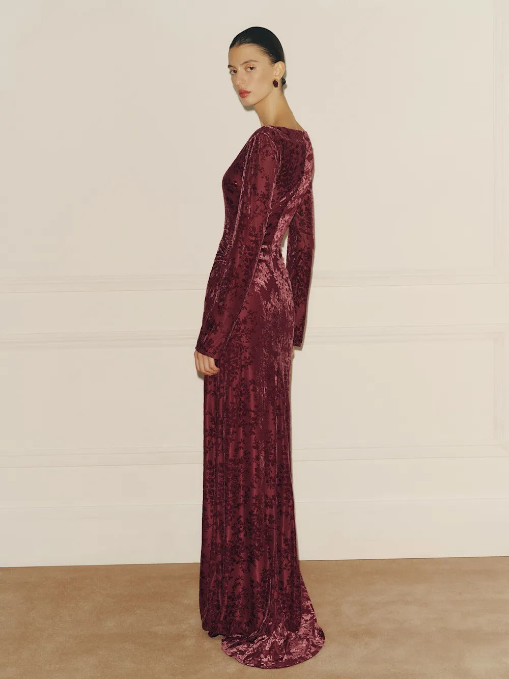 Women's Velvet Maxi Dress - Long Sleeve Boat Neck Bell Sleeve Dress