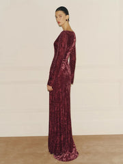 Women's Velvet Maxi Dress - Long Sleeve Boat Neck Bell Sleeve Dress