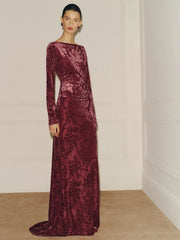 Women's Velvet Maxi Dress - Long Sleeve Boat Neck Bell Sleeve Dress