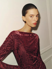 Women's Velvet Maxi Dress - Long Sleeve Boat Neck Bell Sleeve Dress