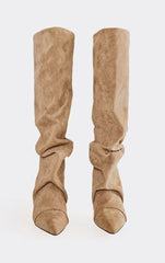 Cave Pointed Toe Slouched Detail Knee High Boot In Beige Faux Suede