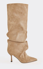 Cave Pointed Toe Slouched Detail Knee High Boot In Beige Faux Suede