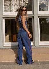 AFENDS Womens Mountains - Seersucker Sleeveless Top - Navy Red Check