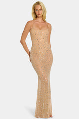 Sheer Embellished High Neck Evening Gown in Almond