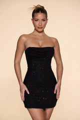 Embellished Strapless Cowl Neck Mini Dress in Black