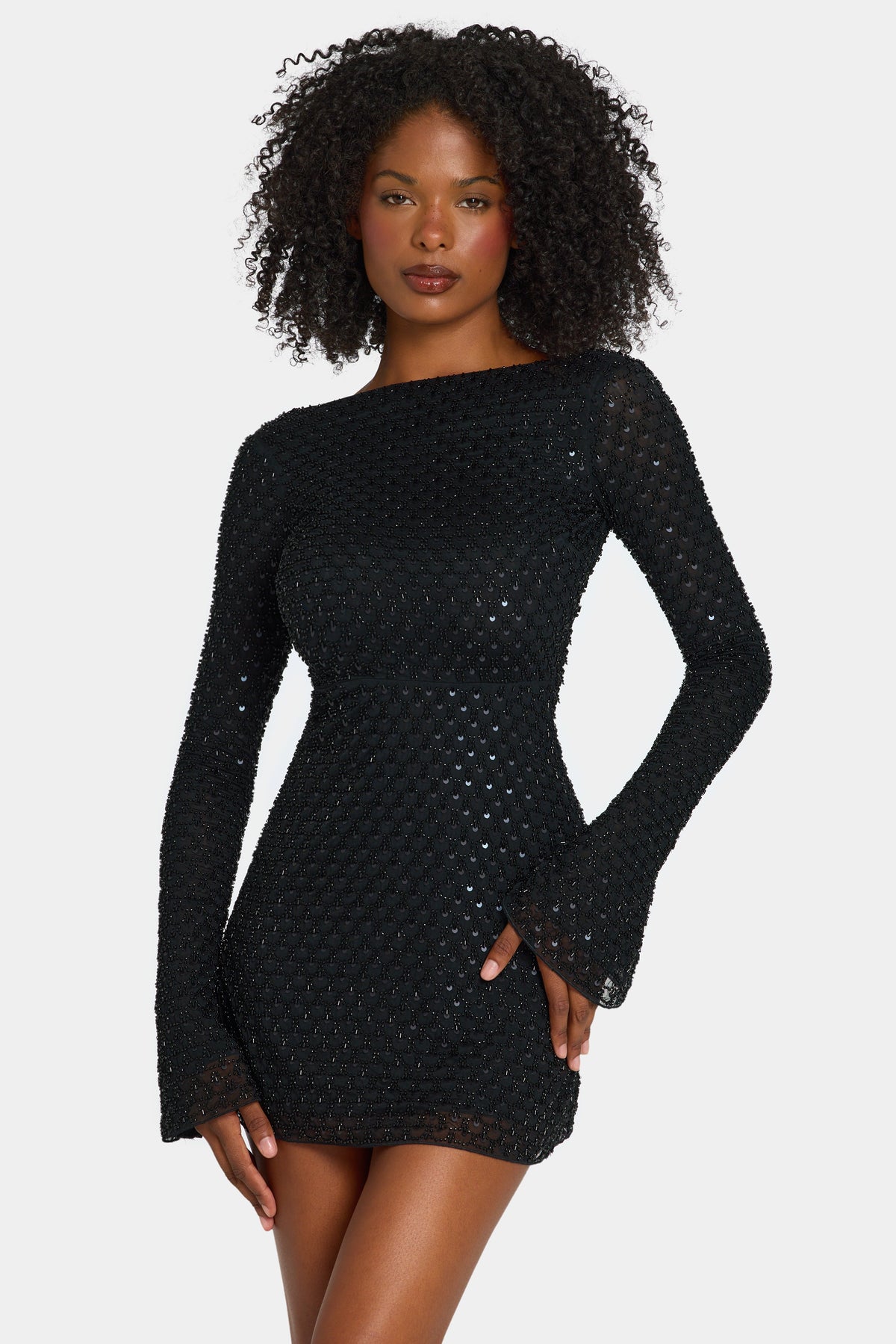 Embellished Open-Back A-Line Mini Dress in Black