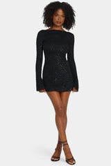 Embellished Open-Back A-Line Mini Dress in Black