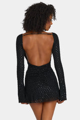 Embellished Open-Back A-Line Mini Dress in Black