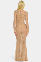 Sheer Embellished Long Sleeve Evening Gown in Almond