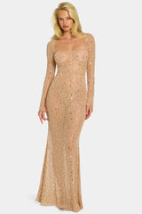 Sheer Embellished Long Sleeve Evening Gown in Almond