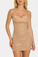 Embellished Bow-Detail Mini Dress in Almond