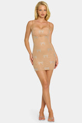 Embellished Bow-Detail Mini Dress in Almond