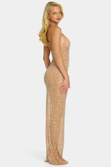 Sheer Embellished High Neck Evening Gown in Almond